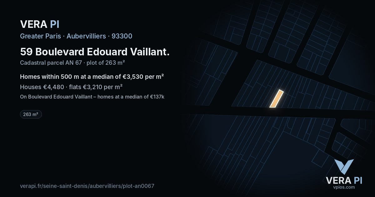 59 Boulevard Edouard Vaillant, Aubervilliers at night – the plot lit, the parcels around coloured by the prices near them