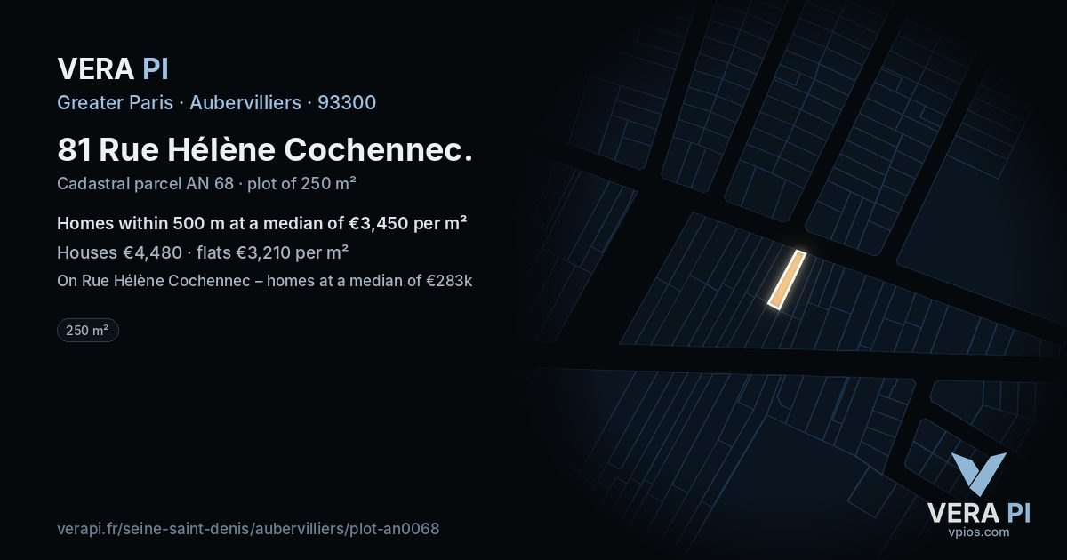 81 Rue Hélène Cochennec, Aubervilliers at night – the plot lit, the parcels around coloured by the prices near them