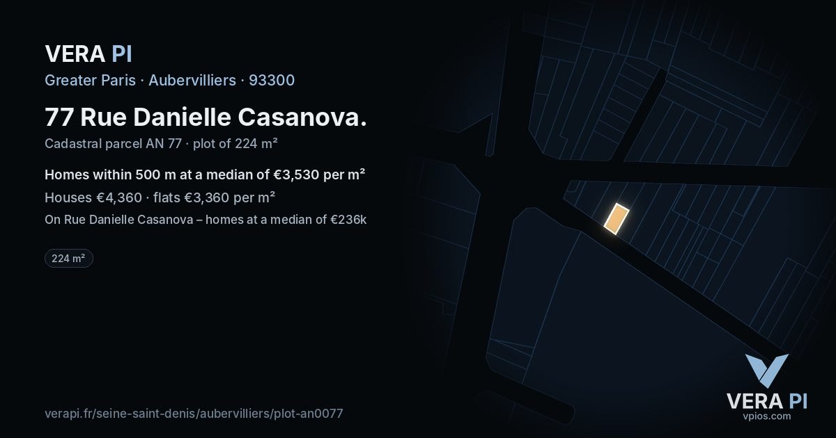 77 Rue Danielle Casanova, Aubervilliers at night – the plot lit, the parcels around coloured by the prices near them