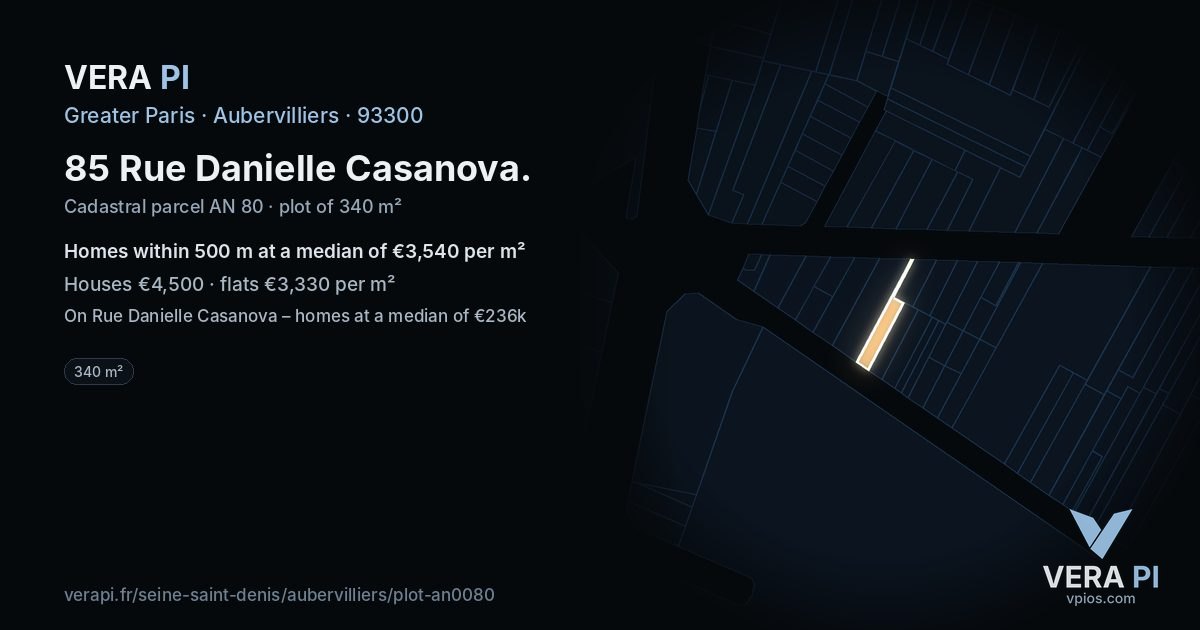 85 Rue Danielle Casanova, Aubervilliers at night – the plot lit, the parcels around coloured by the prices near them