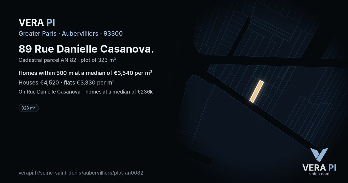 89 Rue Danielle Casanova, Aubervilliers at night – the plot lit, the parcels around coloured by the prices near them