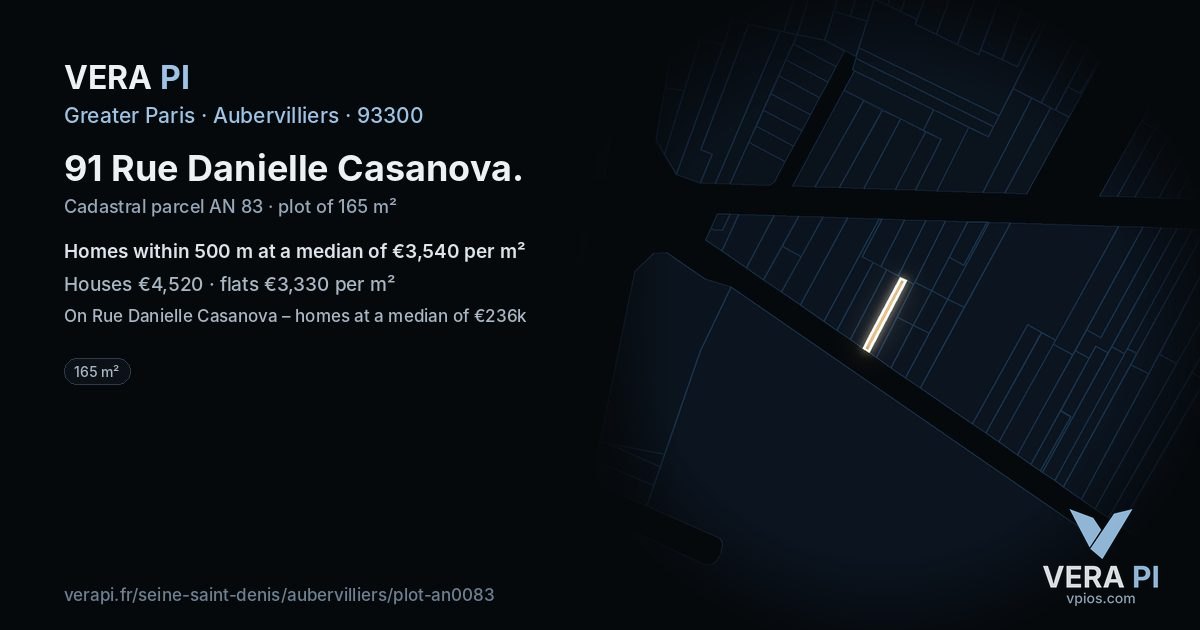 91 Rue Danielle Casanova, Aubervilliers at night – the plot lit, the parcels around coloured by the prices near them