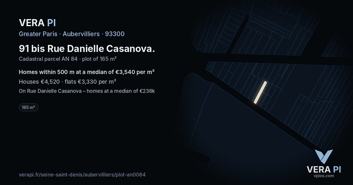 91 bis Rue Danielle Casanova, Aubervilliers at night – the plot lit, the parcels around coloured by the prices near them