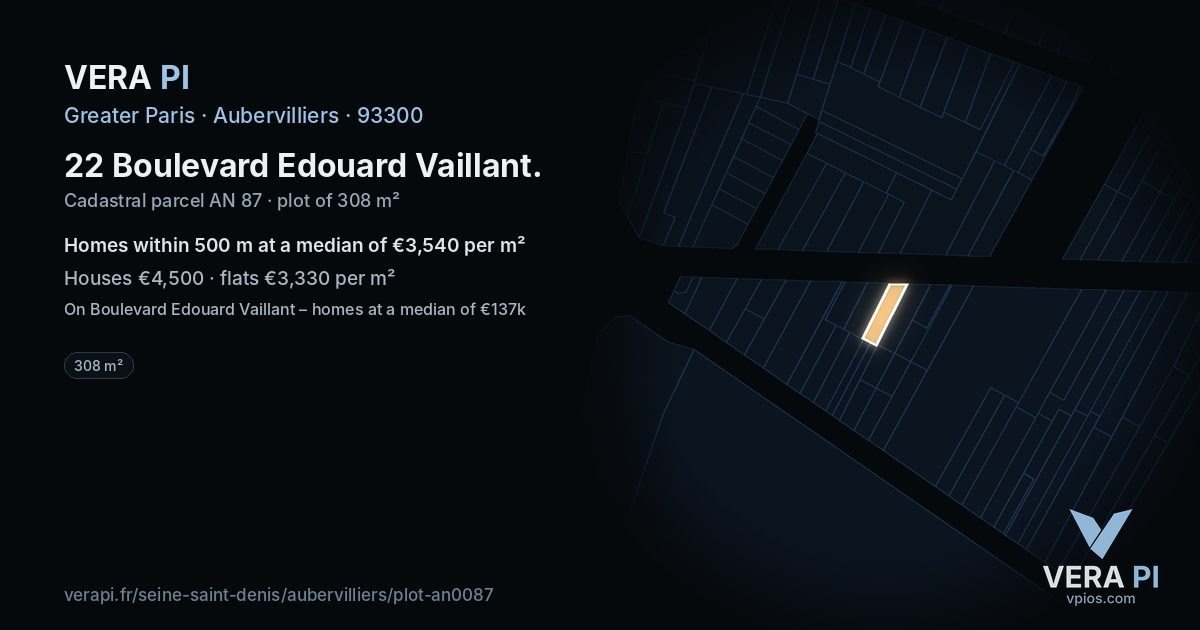 22 Boulevard Edouard Vaillant, Aubervilliers at night – the plot lit, the parcels around coloured by the prices near them