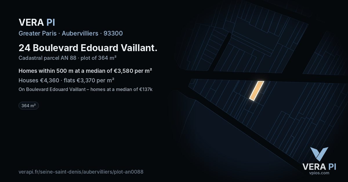 24 Boulevard Edouard Vaillant, Aubervilliers at night – the plot lit, the parcels around coloured by the prices near them