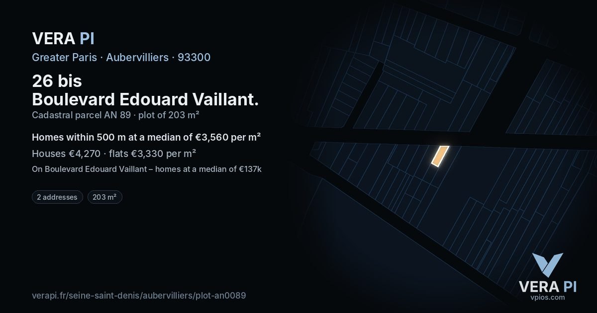 26 bis Boulevard Edouard Vaillant, Aubervilliers at night – the plot lit, the parcels around coloured by the prices near them
