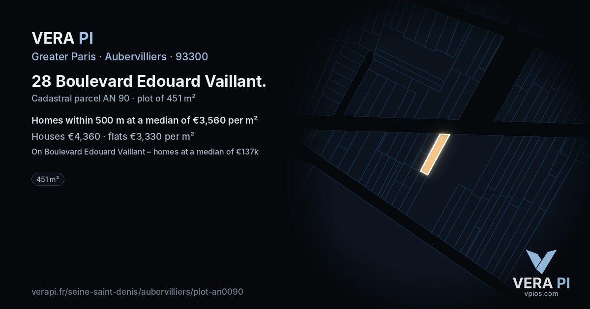 28 Boulevard Edouard Vaillant, Aubervilliers at night – the plot lit, the parcels around coloured by the prices near them