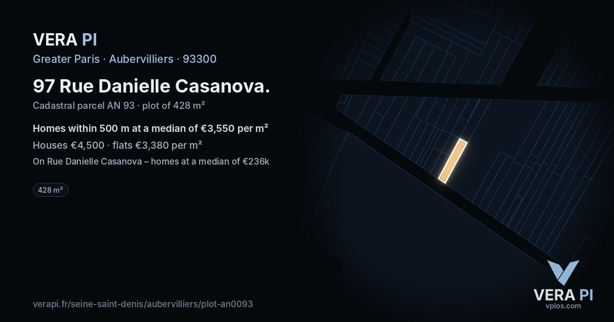 97 Rue Danielle Casanova, Aubervilliers at night – the plot lit, the parcels around coloured by the prices near them