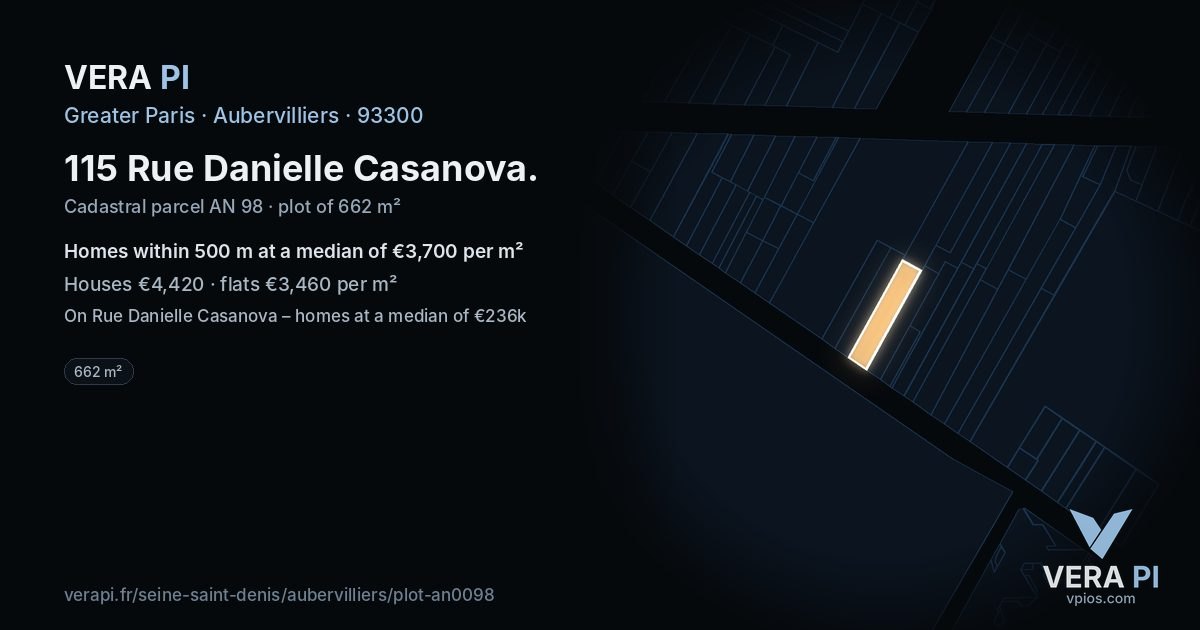 115 Rue Danielle Casanova, Aubervilliers at night – the plot lit, the parcels around coloured by the prices near them