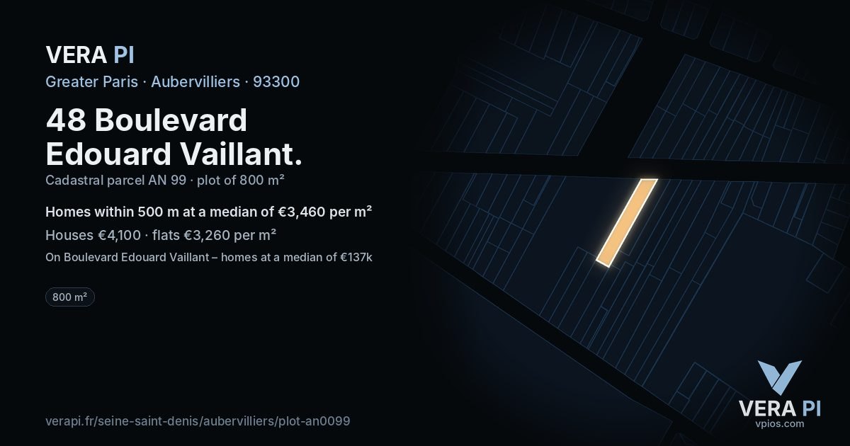 48 Boulevard Edouard Vaillant, Aubervilliers at night – the plot lit, the parcels around coloured by the prices near them
