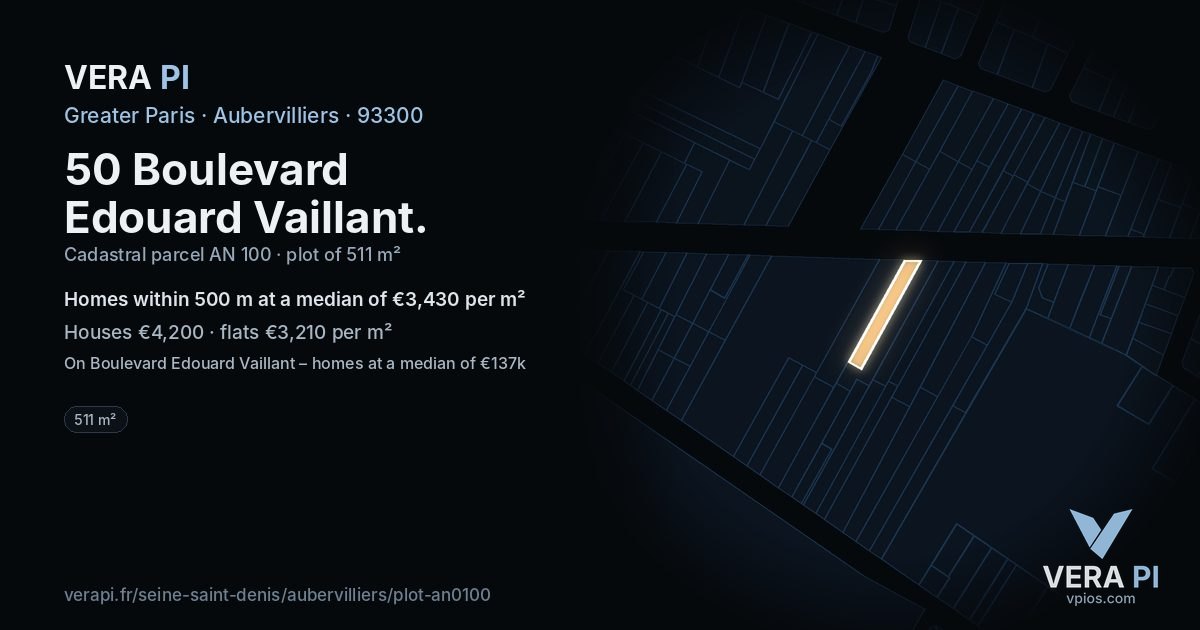 50 Boulevard Edouard Vaillant, Aubervilliers at night – the plot lit, the parcels around coloured by the prices near them