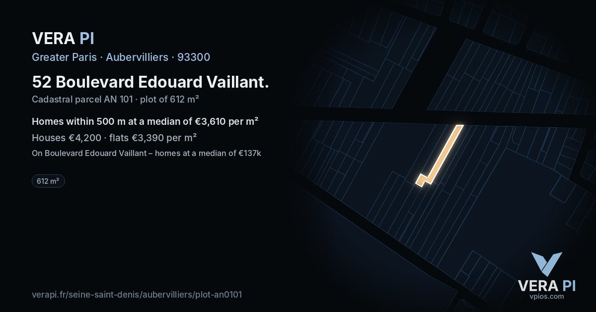 52 Boulevard Edouard Vaillant, Aubervilliers at night – the plot lit, the parcels around coloured by the prices near them