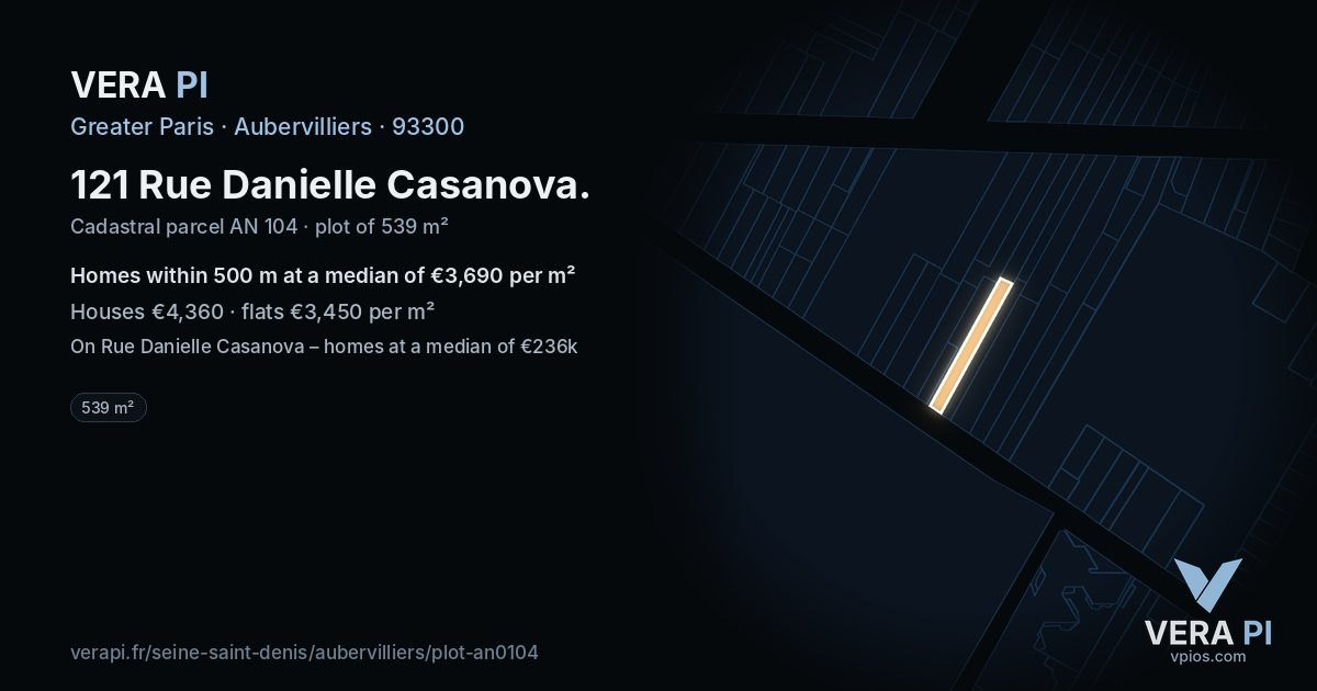 121 Rue Danielle Casanova, Aubervilliers at night – the plot lit, the parcels around coloured by the prices near them