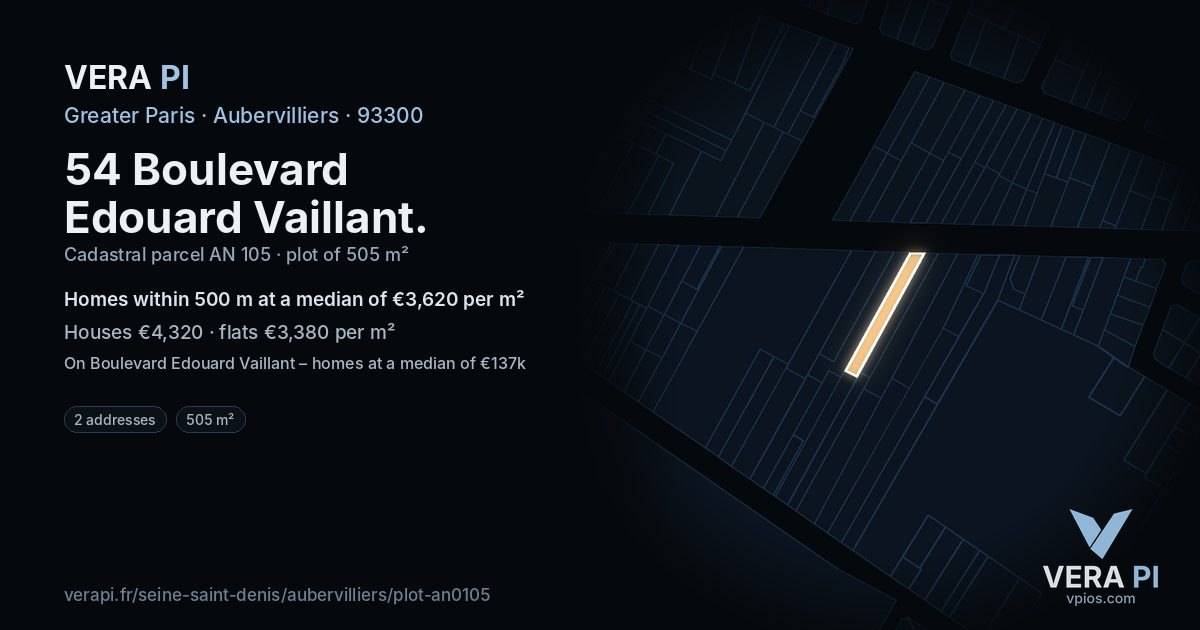 54 Boulevard Edouard Vaillant, Aubervilliers at night – the plot lit, the parcels around coloured by the prices near them
