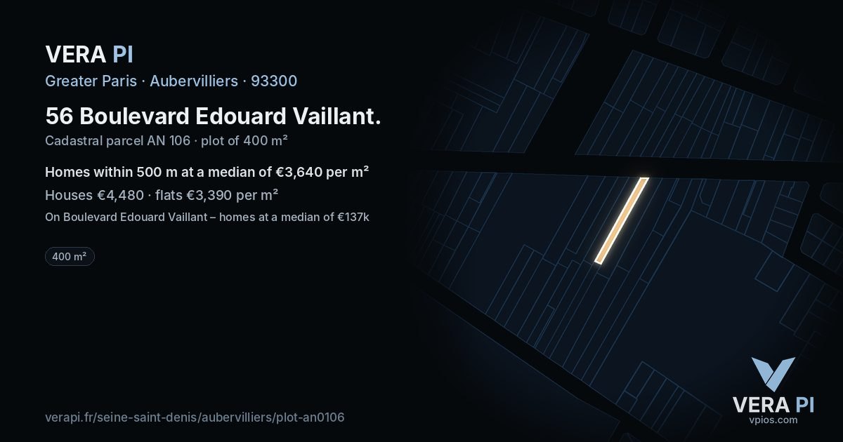 56 Boulevard Edouard Vaillant, Aubervilliers at night – the plot lit, the parcels around coloured by the prices near them