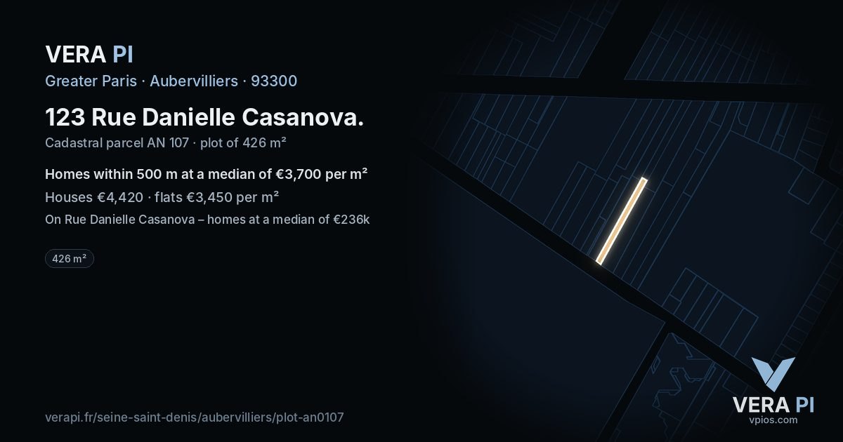 123 Rue Danielle Casanova, Aubervilliers at night – the plot lit, the parcels around coloured by the prices near them