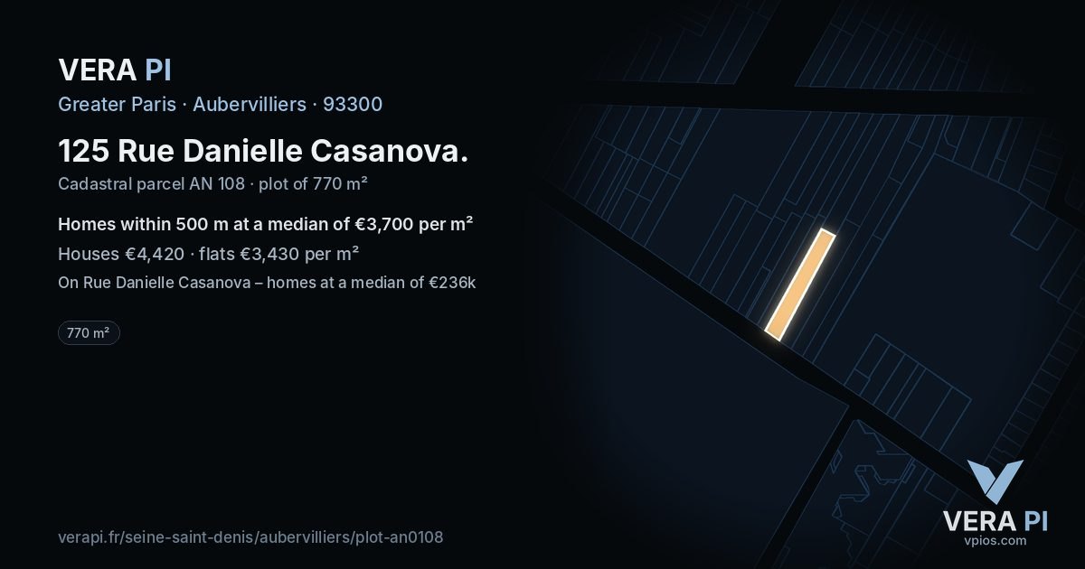 125 Rue Danielle Casanova, Aubervilliers at night – the plot lit, the parcels around coloured by the prices near them