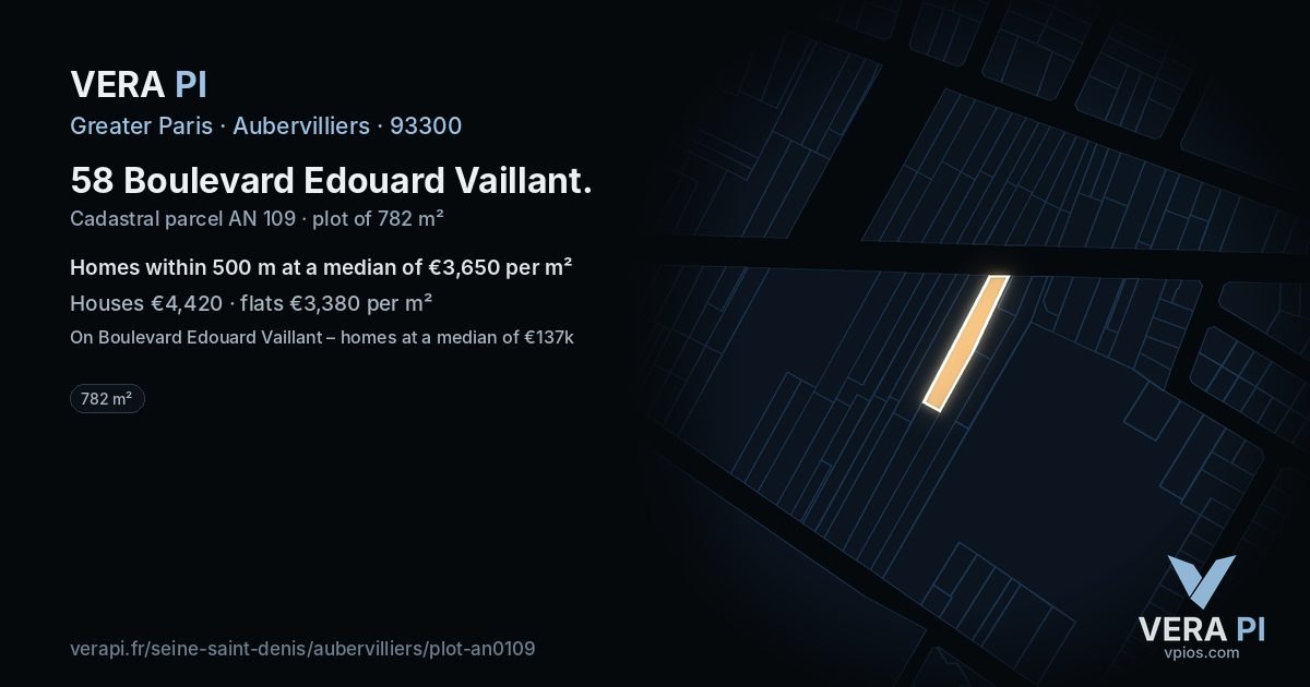 58 Boulevard Edouard Vaillant, Aubervilliers at night – the plot lit, the parcels around coloured by the prices near them