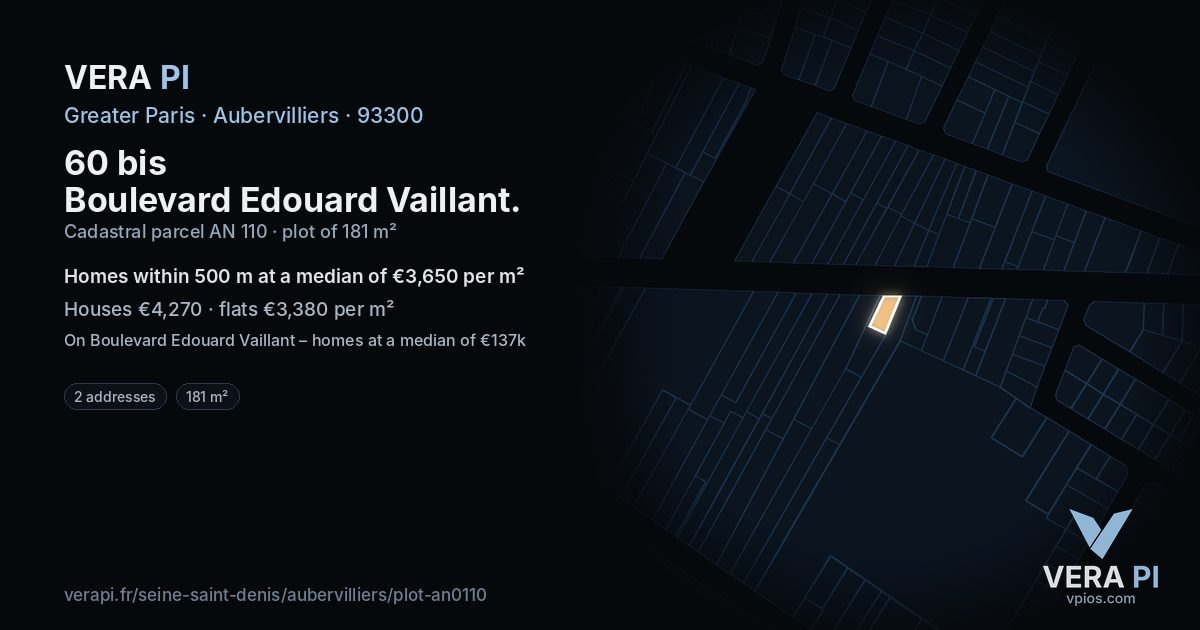 60 bis Boulevard Edouard Vaillant, Aubervilliers at night – the plot lit, the parcels around coloured by the prices near them