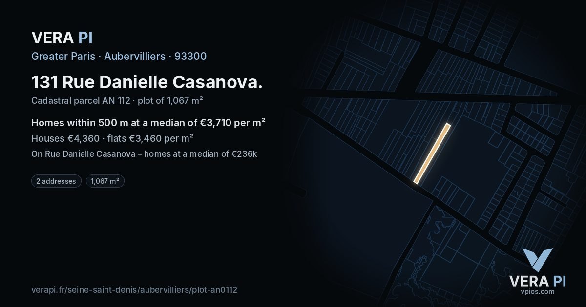 131 Rue Danielle Casanova, Aubervilliers at night – the plot lit, the parcels around coloured by the prices near them