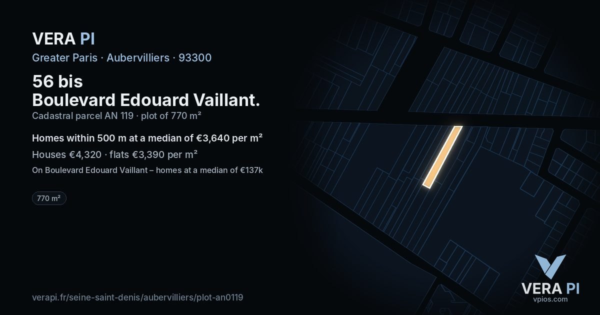 56 bis Boulevard Edouard Vaillant, Aubervilliers at night – the plot lit, the parcels around coloured by the prices near them