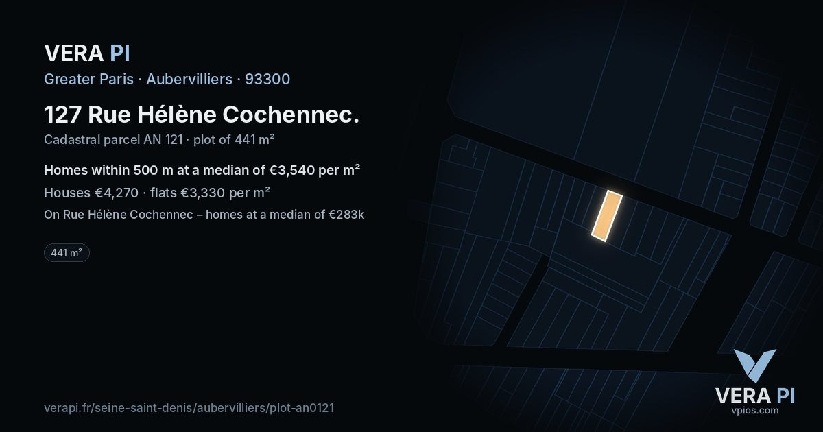 127 Rue Hélène Cochennec, Aubervilliers at night – the plot lit, the parcels around coloured by the prices near them
