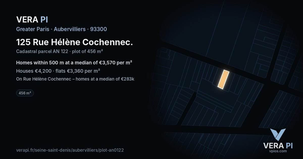 125 Rue Hélène Cochennec, Aubervilliers at night – the plot lit, the parcels around coloured by the prices near them