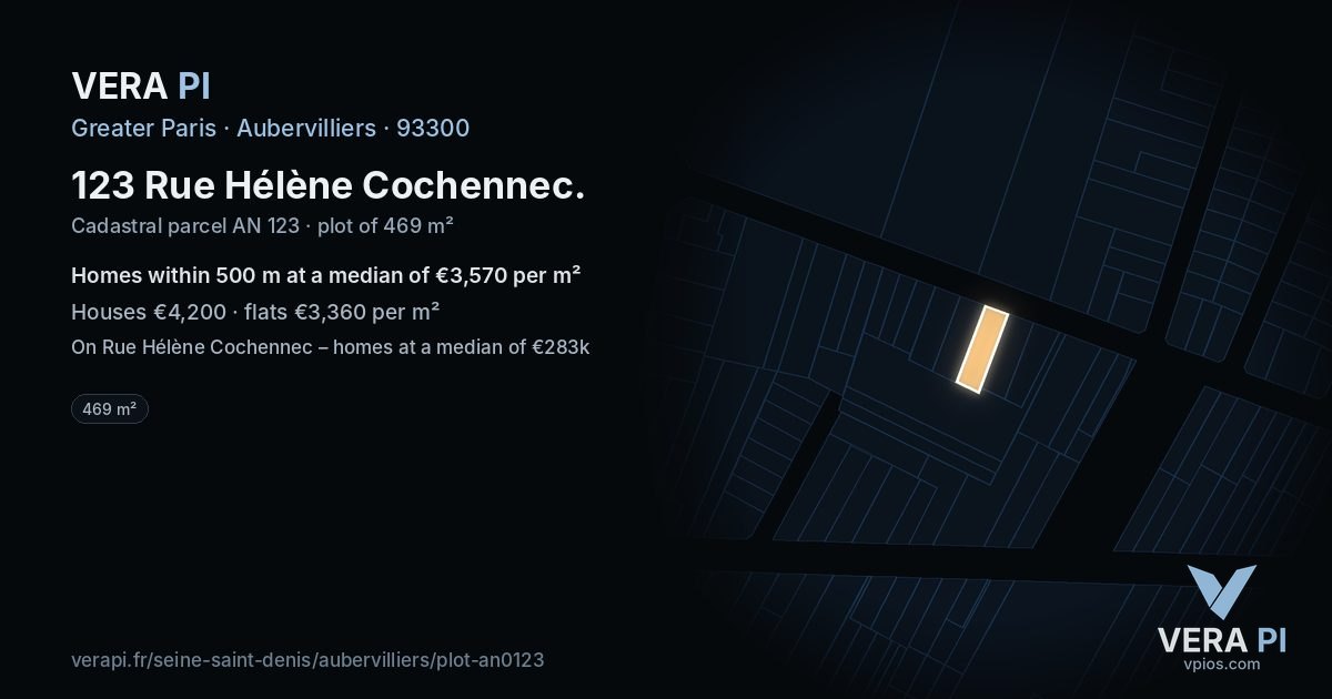 123 Rue Hélène Cochennec, Aubervilliers at night – the plot lit, the parcels around coloured by the prices near them