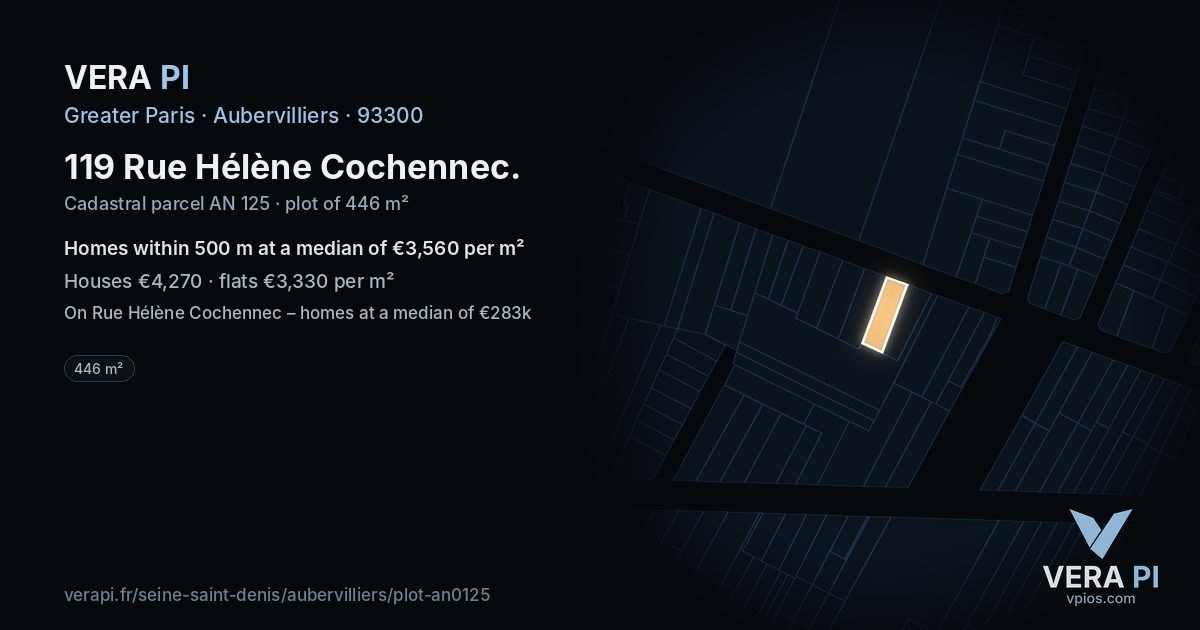 119 Rue Hélène Cochennec, Aubervilliers at night – the plot lit, the parcels around coloured by the prices near them