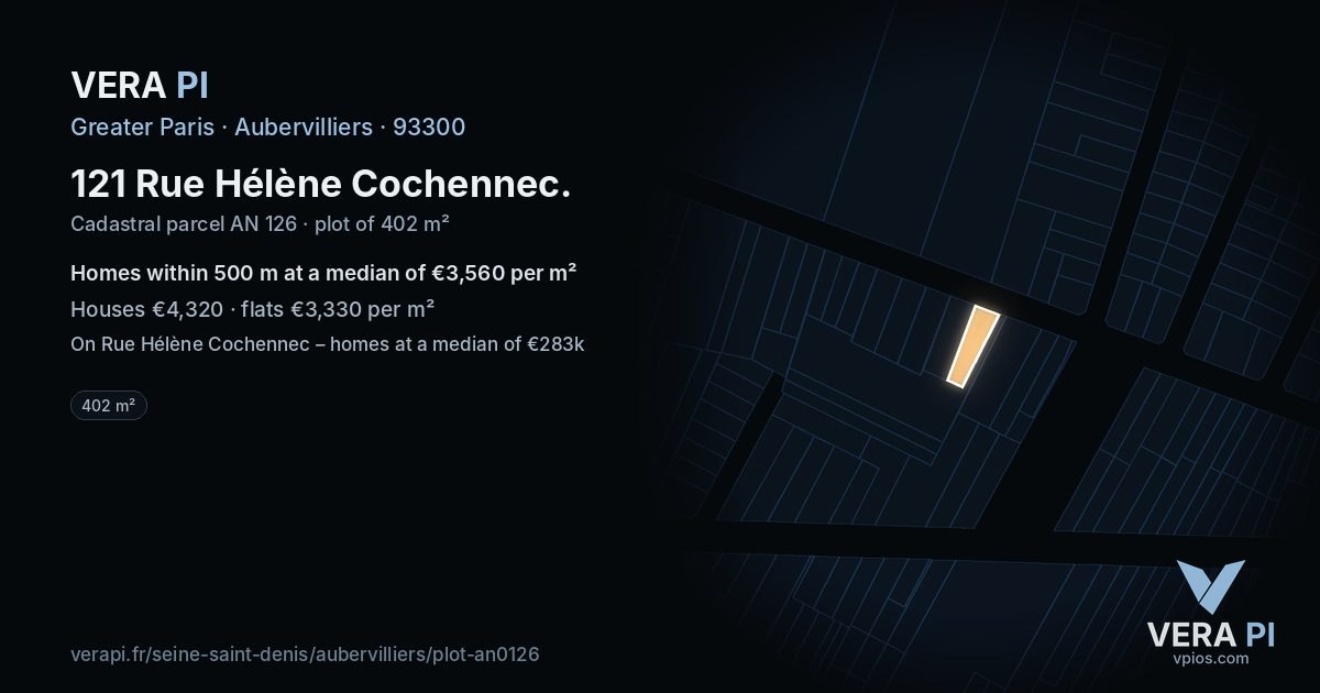 121 Rue Hélène Cochennec, Aubervilliers at night – the plot lit, the parcels around coloured by the prices near them