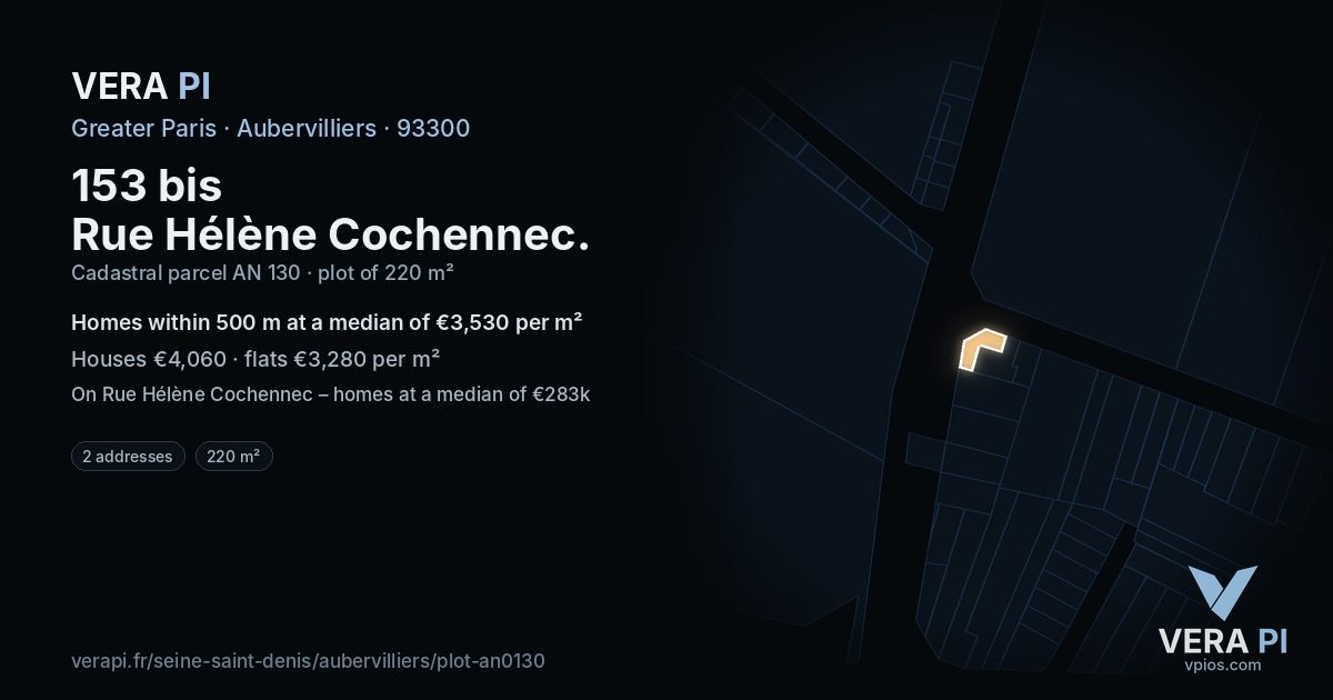 153 bis Rue Hélène Cochennec, Aubervilliers at night – the plot lit, the parcels around coloured by the prices near them