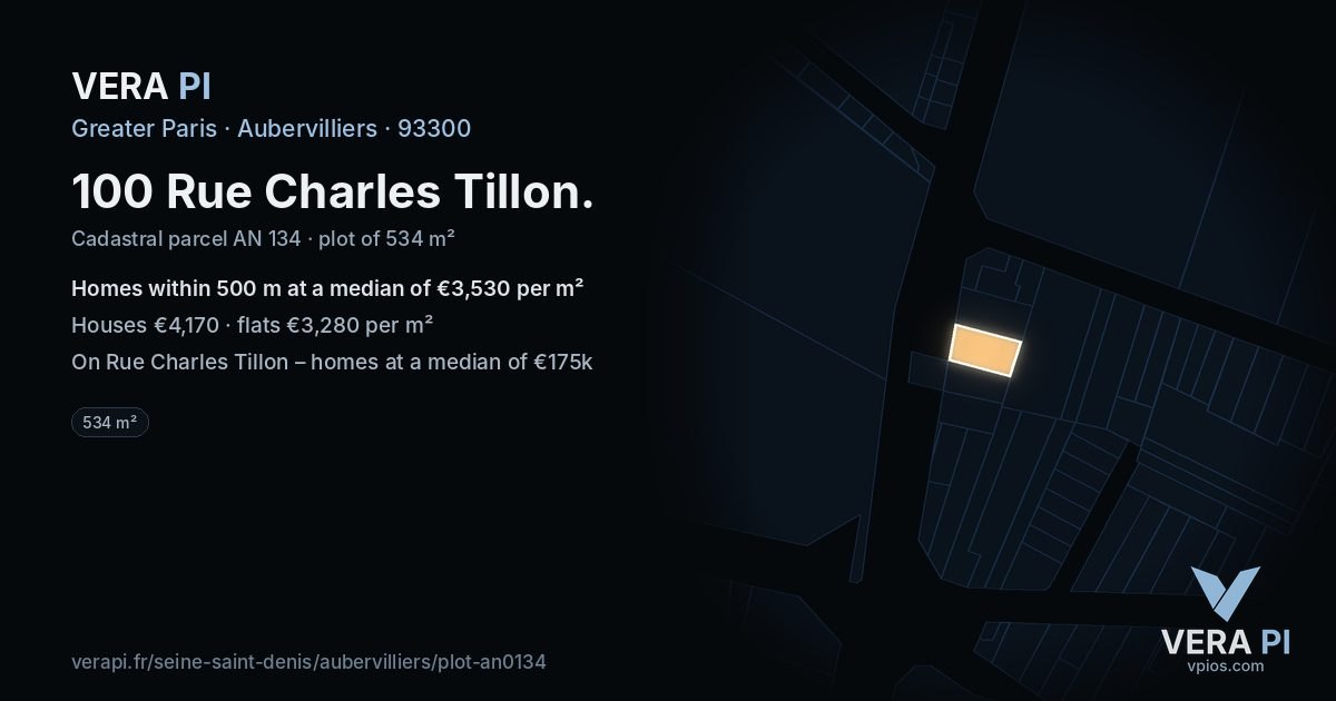 100 Rue Charles Tillon, Aubervilliers at night – the plot lit, the parcels around coloured by the prices near them
