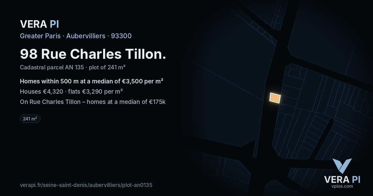 98 Rue Charles Tillon, Aubervilliers at night – the plot lit, the parcels around coloured by the prices near them