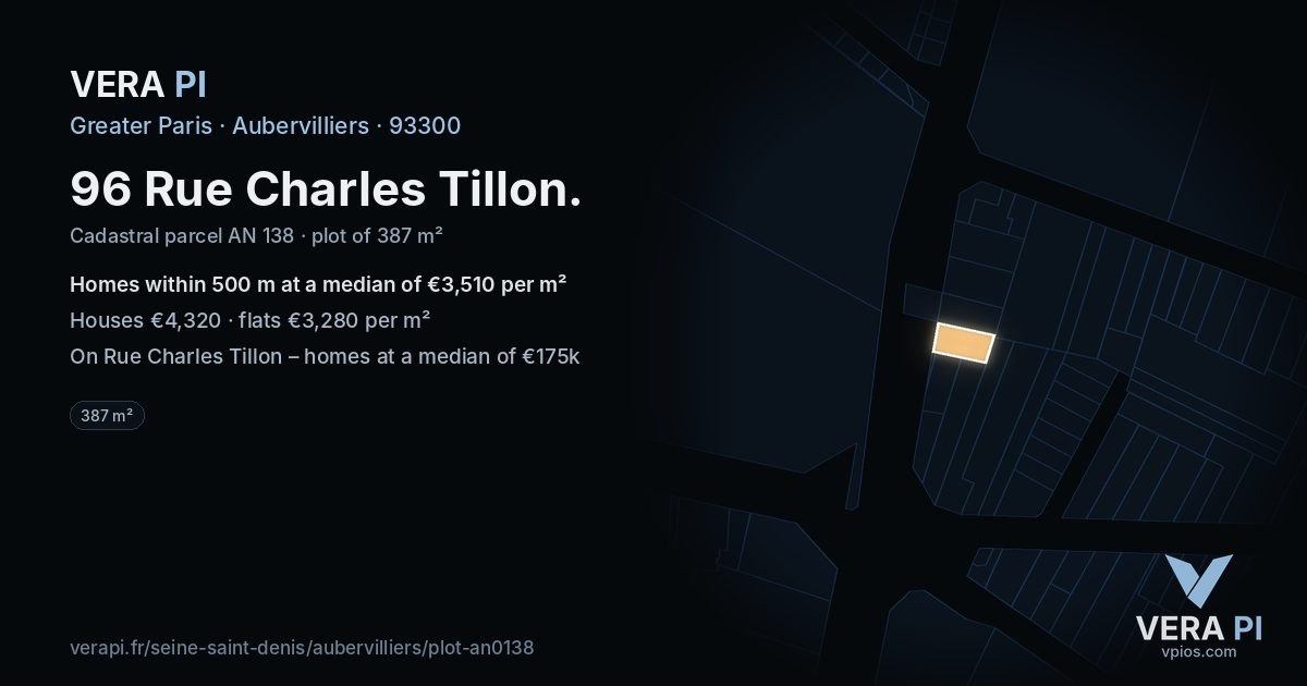 96 Rue Charles Tillon, Aubervilliers at night – the plot lit, the parcels around coloured by the prices near them