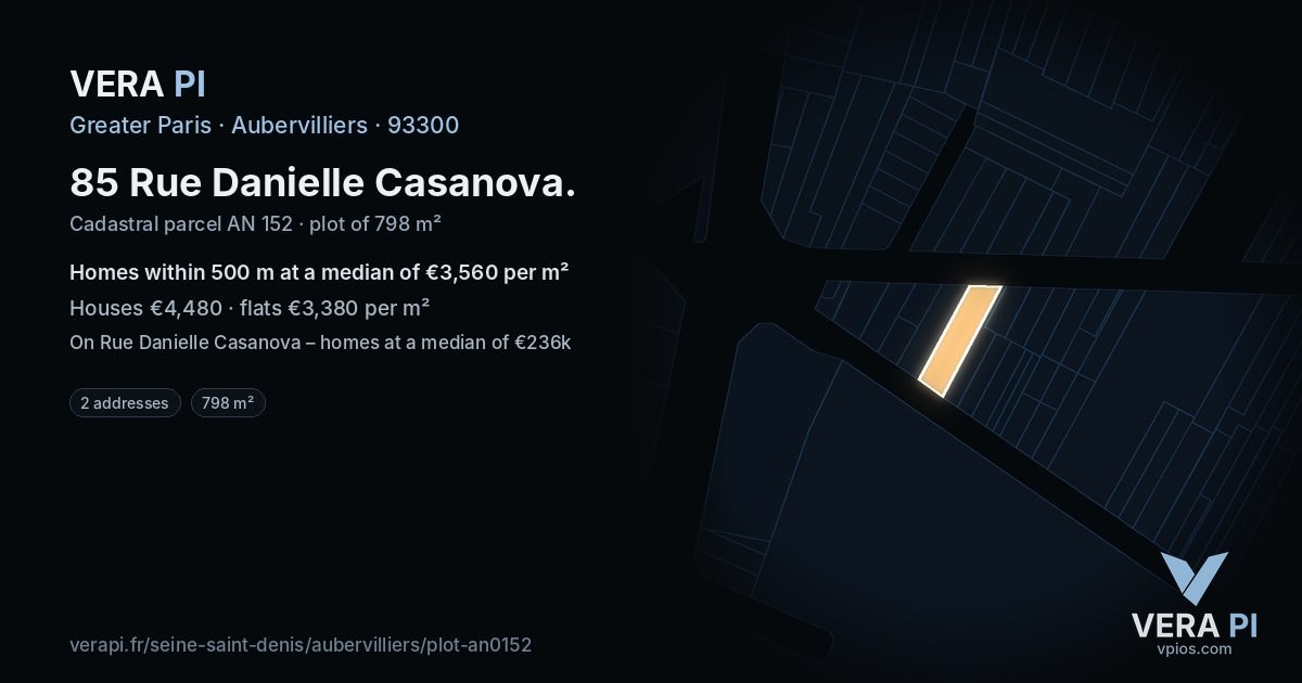 85 Rue Danielle Casanova, Aubervilliers at night – the plot lit, the parcels around coloured by the prices near them