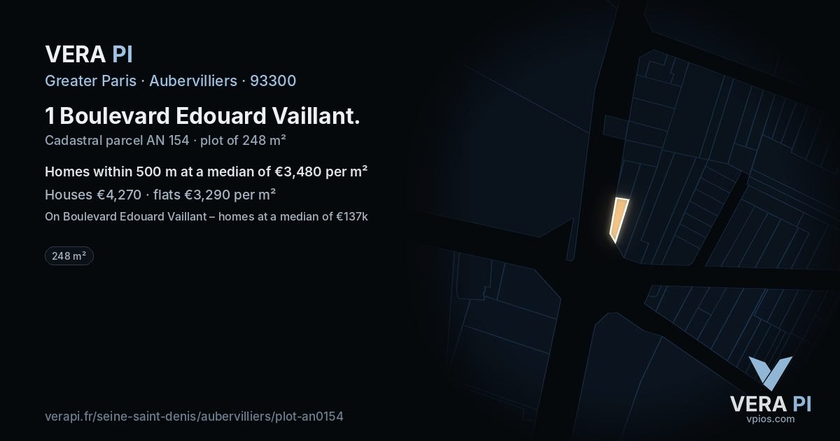 1 Boulevard Edouard Vaillant, Aubervilliers at night – the plot lit, the parcels around coloured by the prices near them