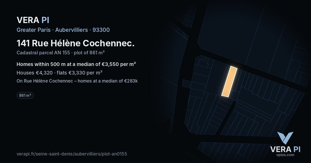 141 Rue Hélène Cochennec, Aubervilliers at night – the plot lit, the parcels around coloured by the prices near them
