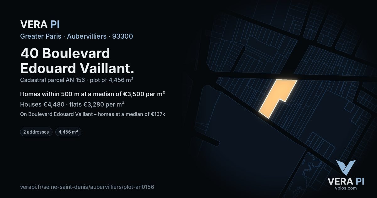40 Boulevard Edouard Vaillant, Aubervilliers at night – the plot lit, the parcels around coloured by the prices near them