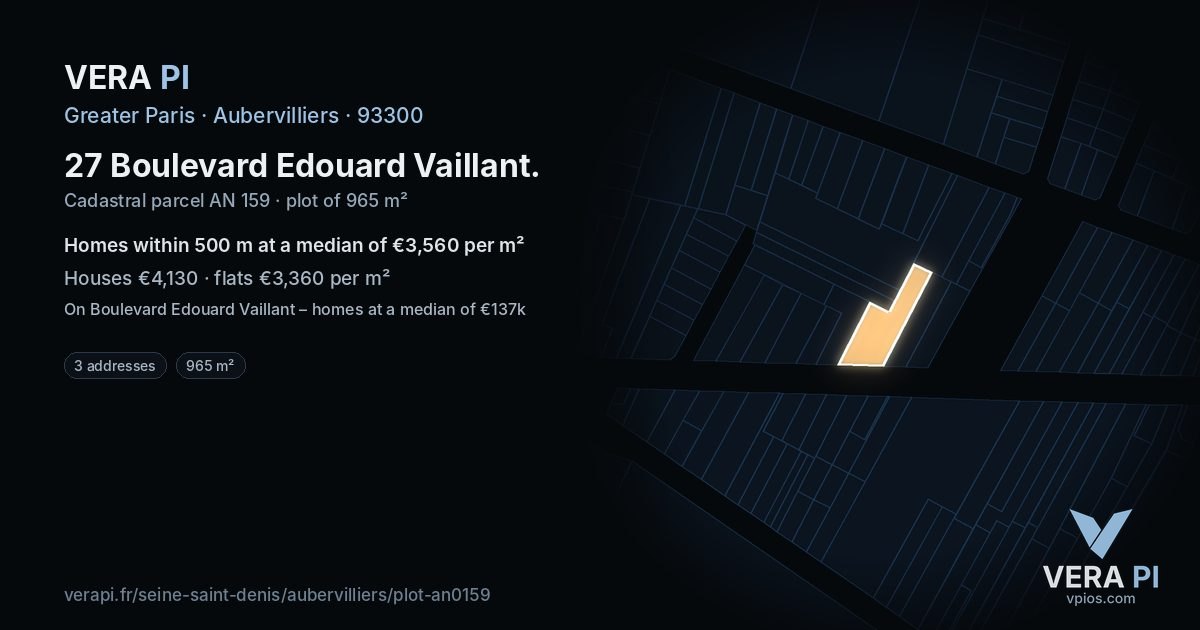 27 Boulevard Edouard Vaillant, Aubervilliers at night – the plot lit, the parcels around coloured by the prices near them