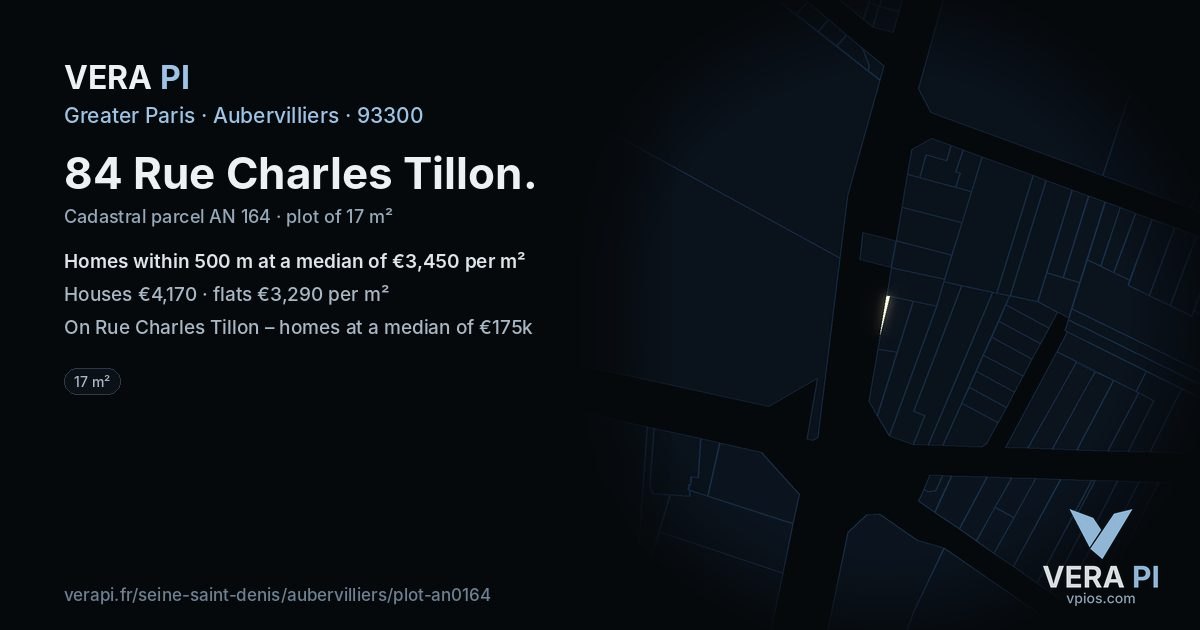 84 Rue Charles Tillon, Aubervilliers at night – the plot lit, the parcels around coloured by the prices near them