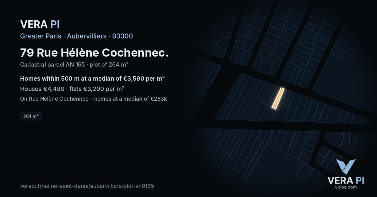 79 Rue Hélène Cochennec, Aubervilliers at night – the plot lit, the parcels around coloured by the prices near them