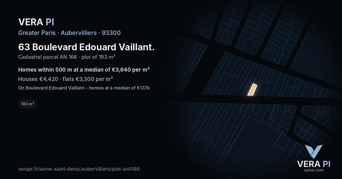 63 Boulevard Edouard Vaillant, Aubervilliers at night – the plot lit, the parcels around coloured by the prices near them