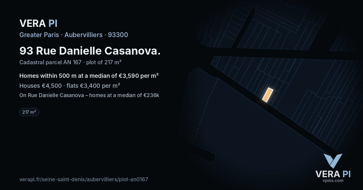 93 Rue Danielle Casanova, Aubervilliers at night – the plot lit, the parcels around coloured by the prices near them