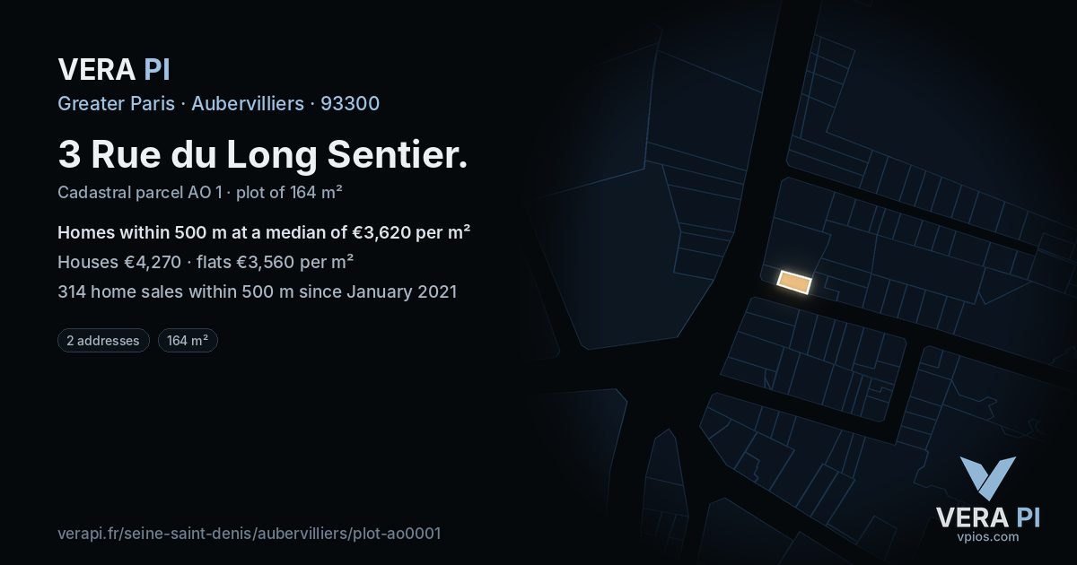 3 Rue du Long Sentier, Aubervilliers at night – the plot lit, the parcels around coloured by the prices near them