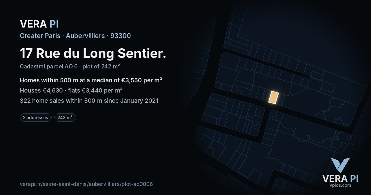 17 Rue du Long Sentier, Aubervilliers at night – the plot lit, the parcels around coloured by the prices near them