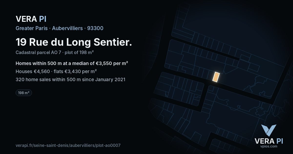 19 Rue du Long Sentier, Aubervilliers at night – the plot lit, the parcels around coloured by the prices near them