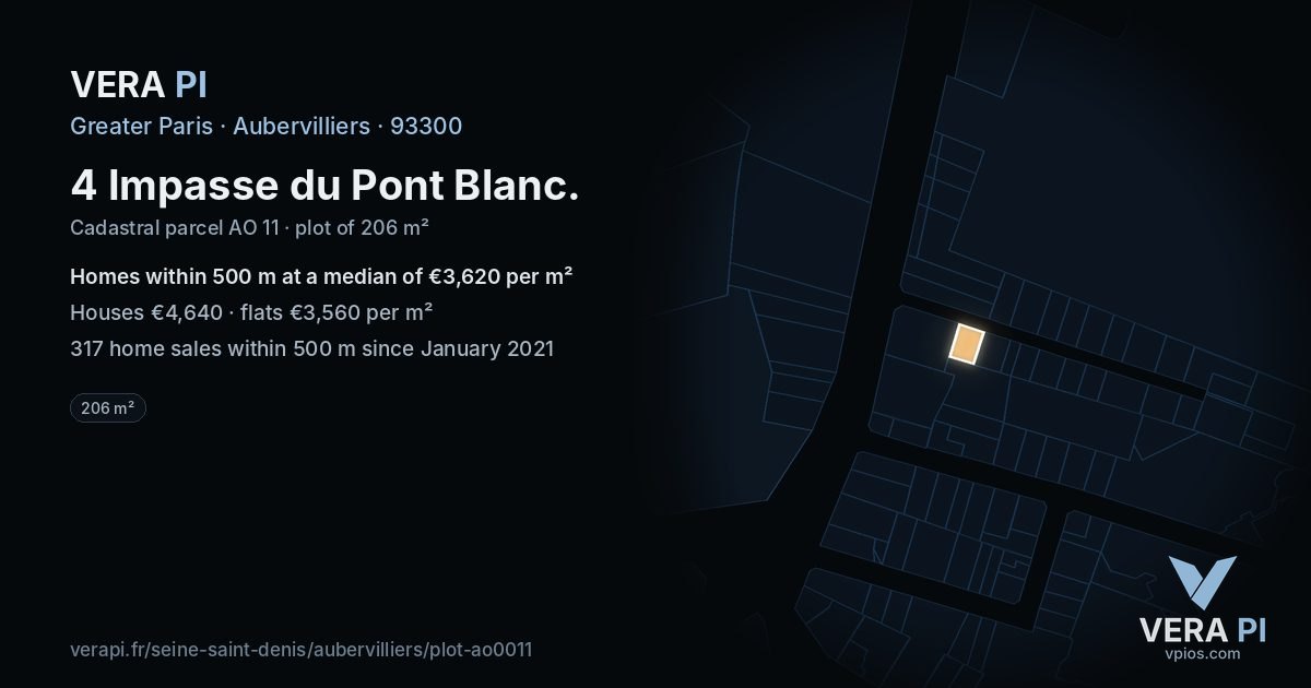 4 Impasse du Pont Blanc, Aubervilliers at night – the plot lit, the parcels around coloured by the prices near them