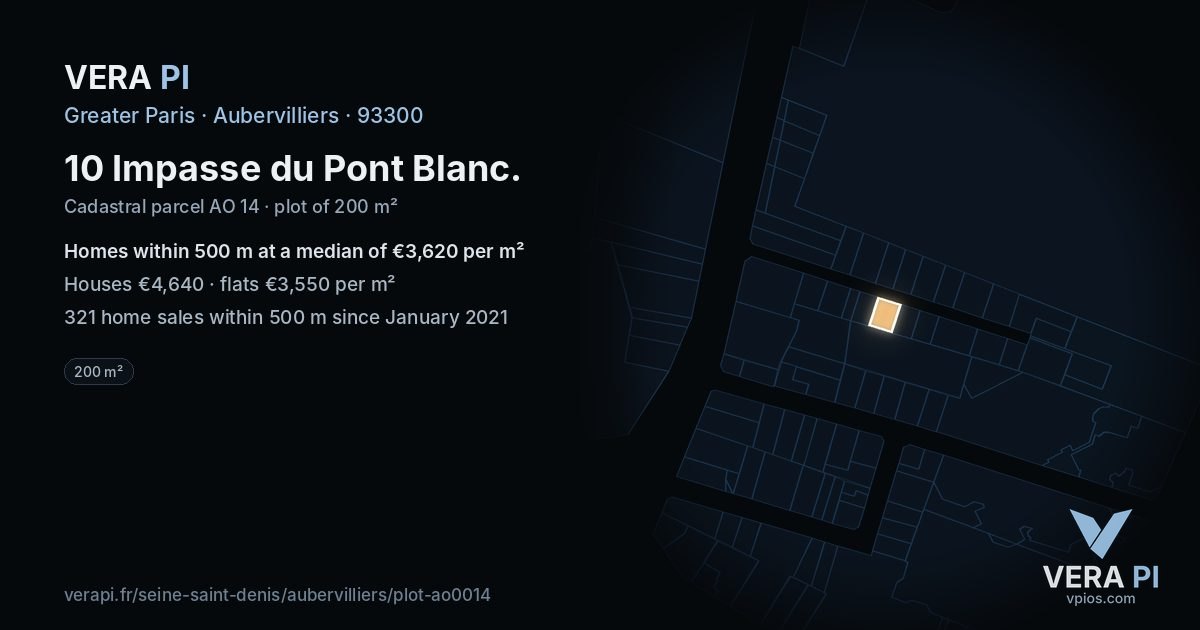 10 Impasse du Pont Blanc, Aubervilliers at night – the plot lit, the parcels around coloured by the prices near them
