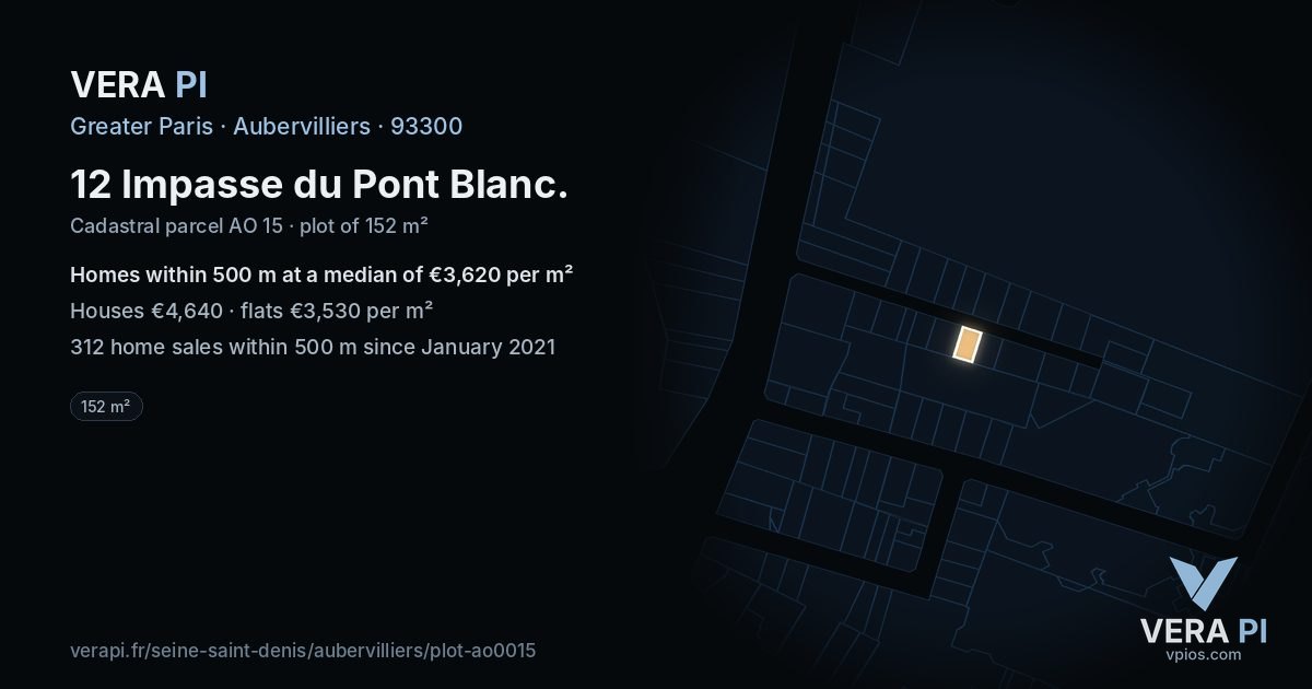 12 Impasse du Pont Blanc, Aubervilliers at night – the plot lit, the parcels around coloured by the prices near them
