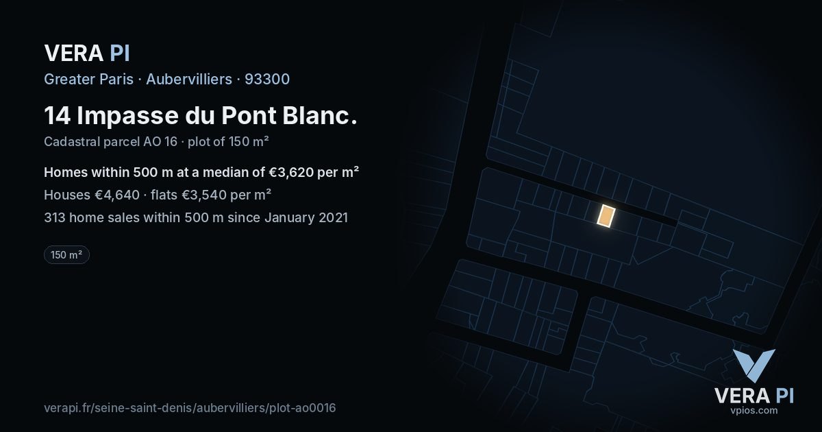14 Impasse du Pont Blanc, Aubervilliers at night – the plot lit, the parcels around coloured by the prices near them